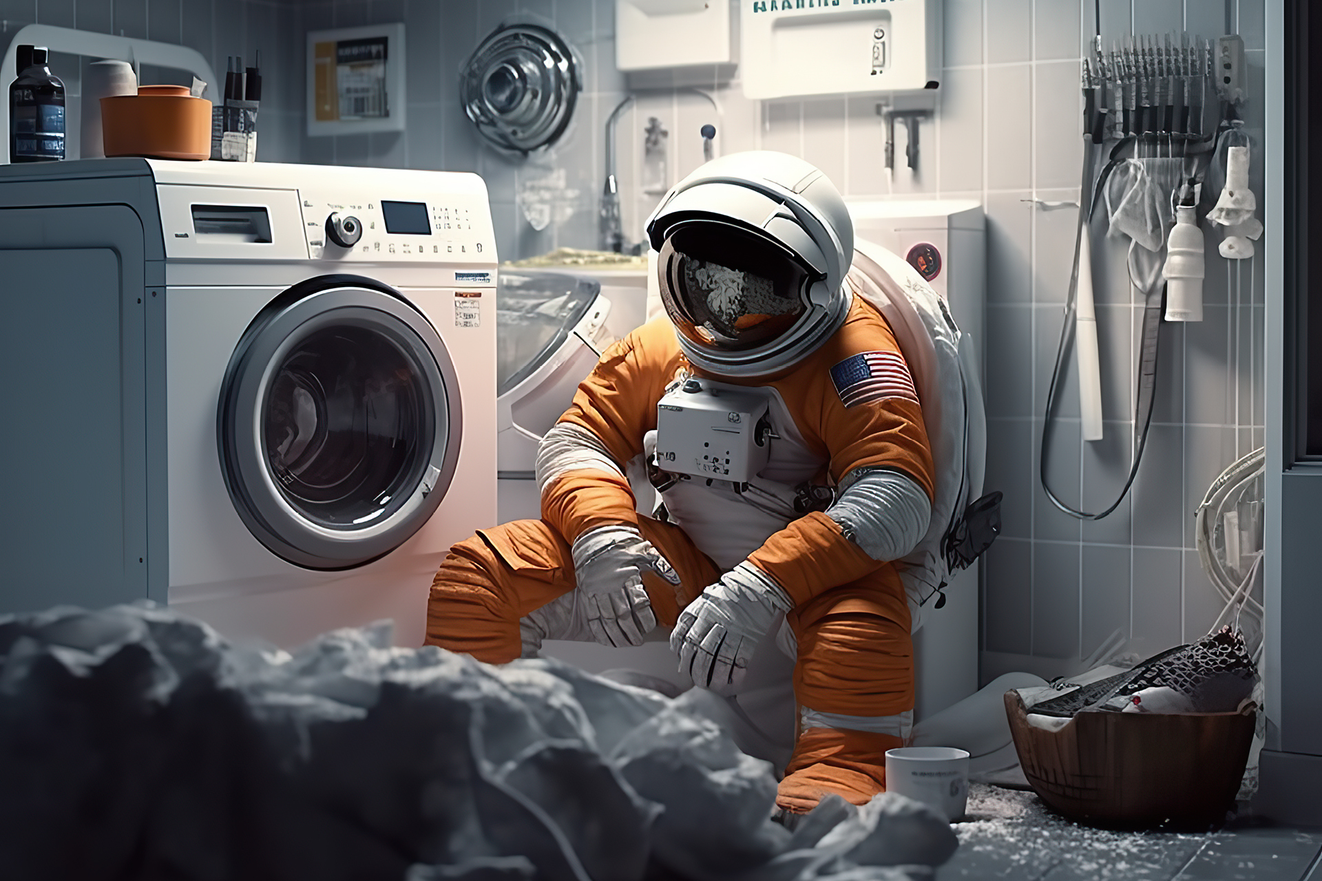 Astronaut zit op de grond bij de wasmachine