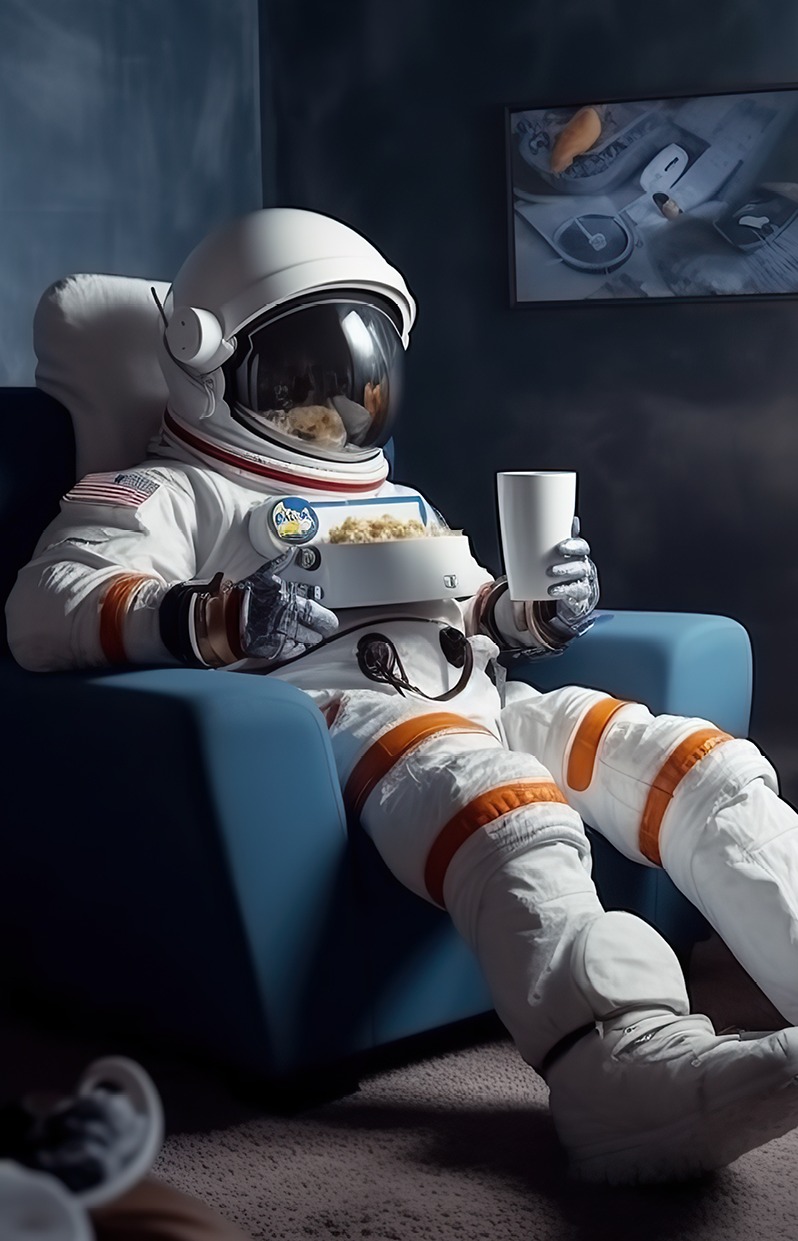 Astronaut met popcorn voor de tv