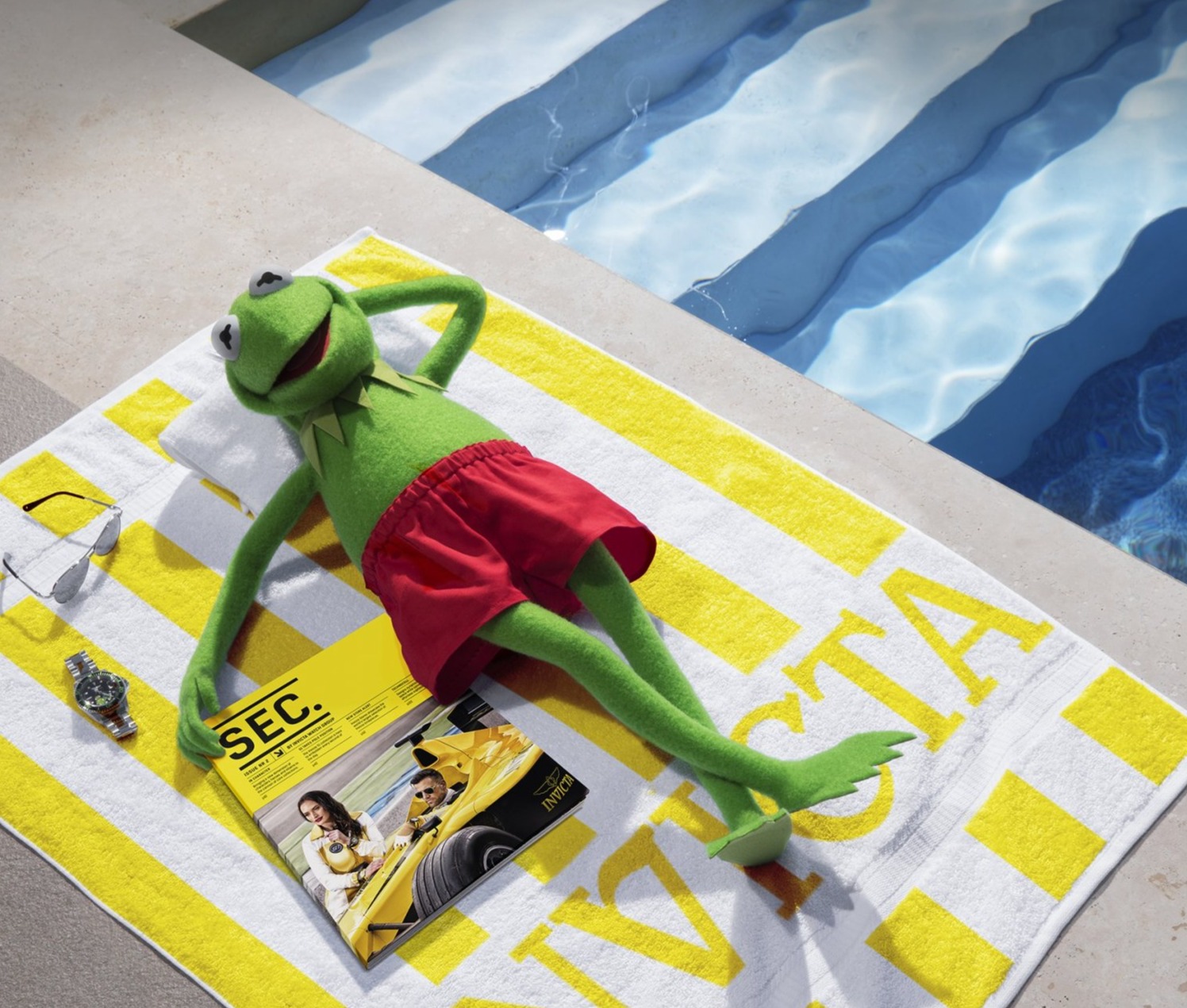 Kermit de Kikker op een Invicta handdoek aan het zwembad
